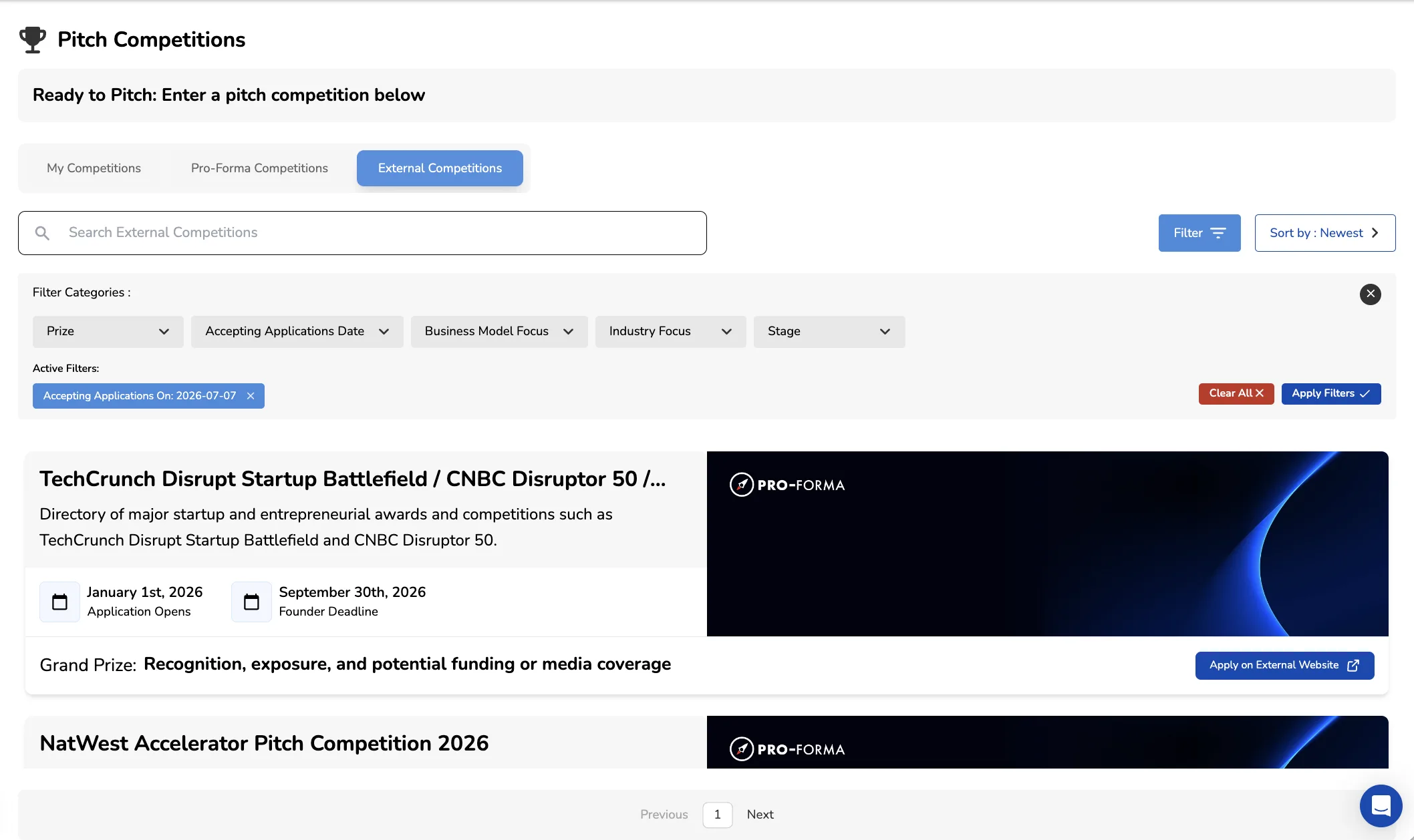External competitions — search and filter