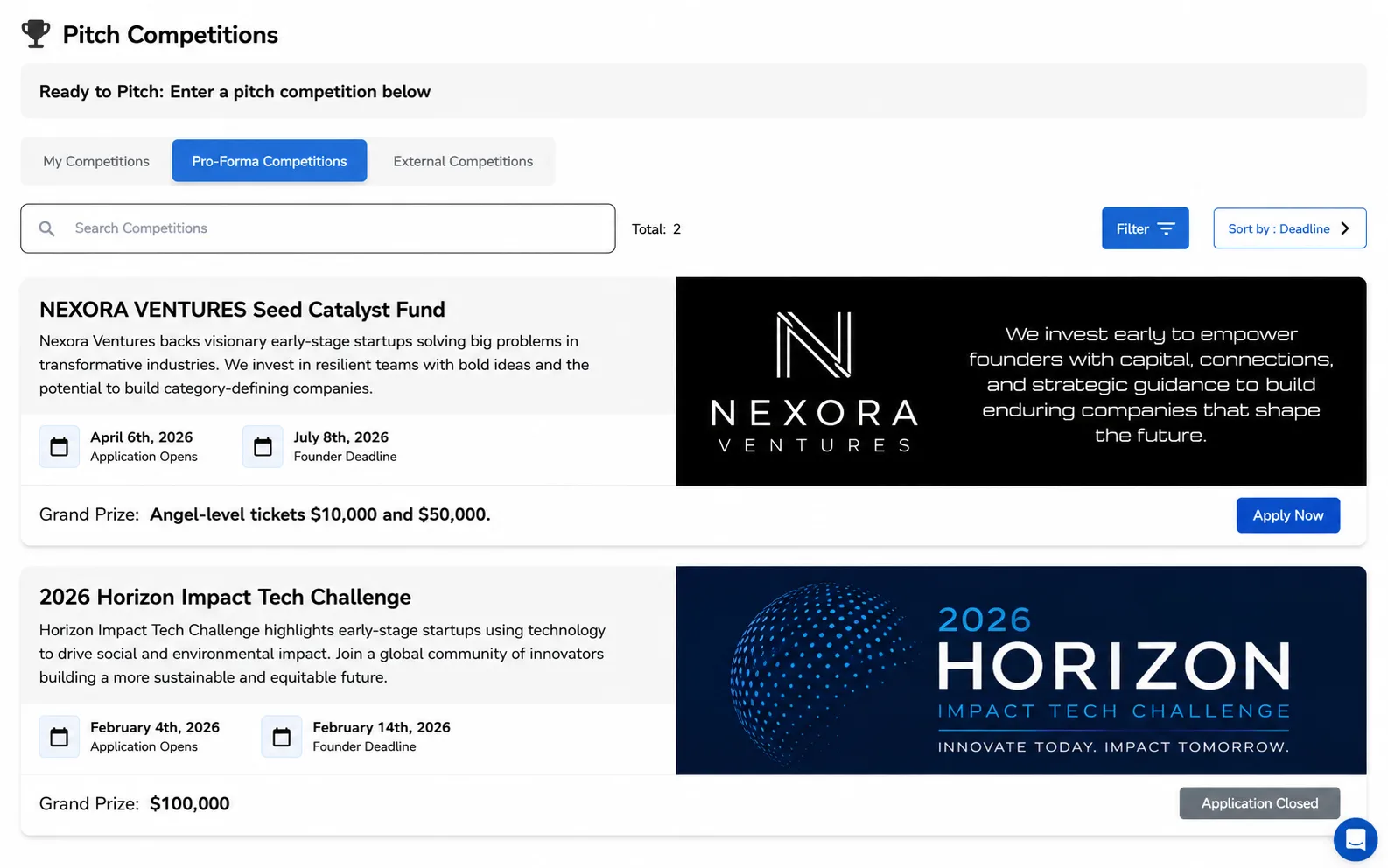 Pro-Forma Competitions listings