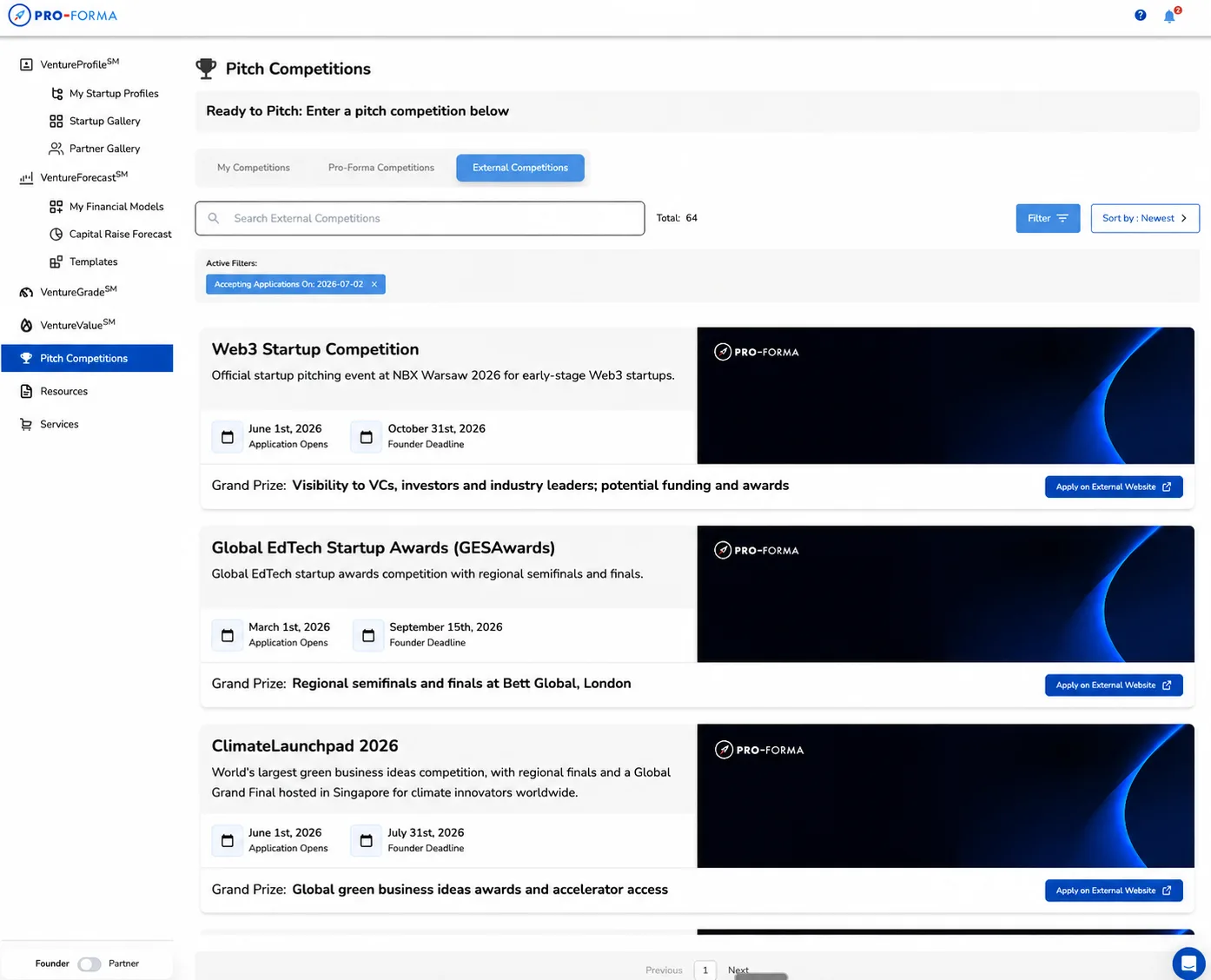 Pro-Forma Pitch Competitions screen listing external competitions with application dates and grand prizes