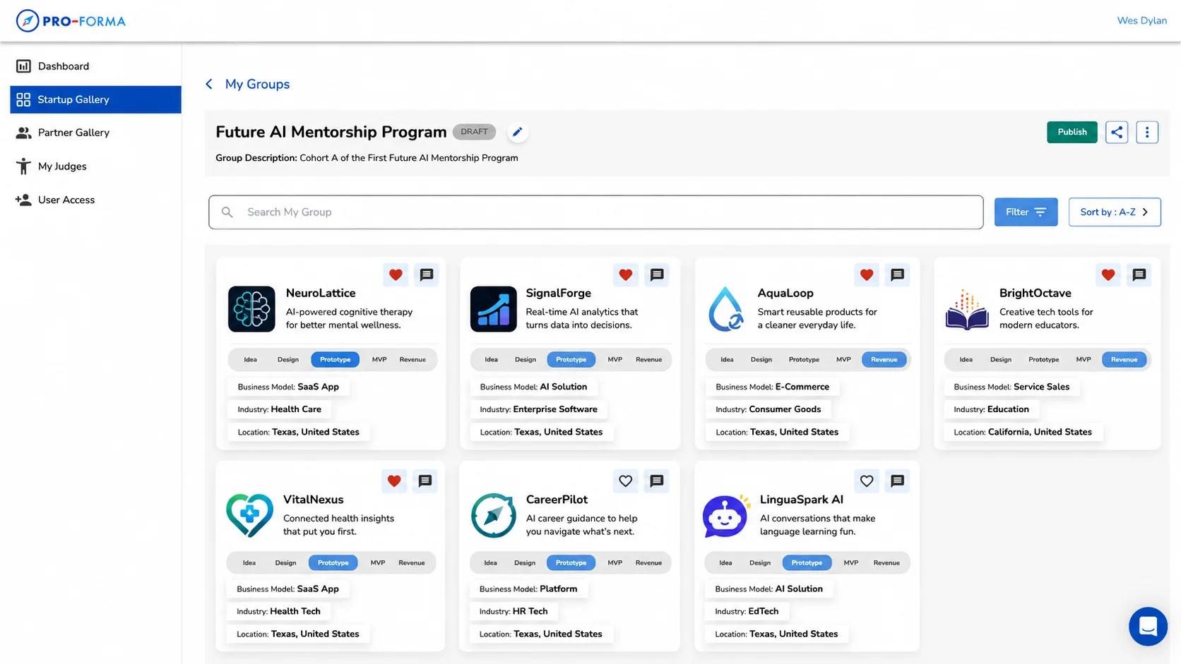 Startup Group in Pro-Forma showing companies tagged by stage, business model, industry, and location
