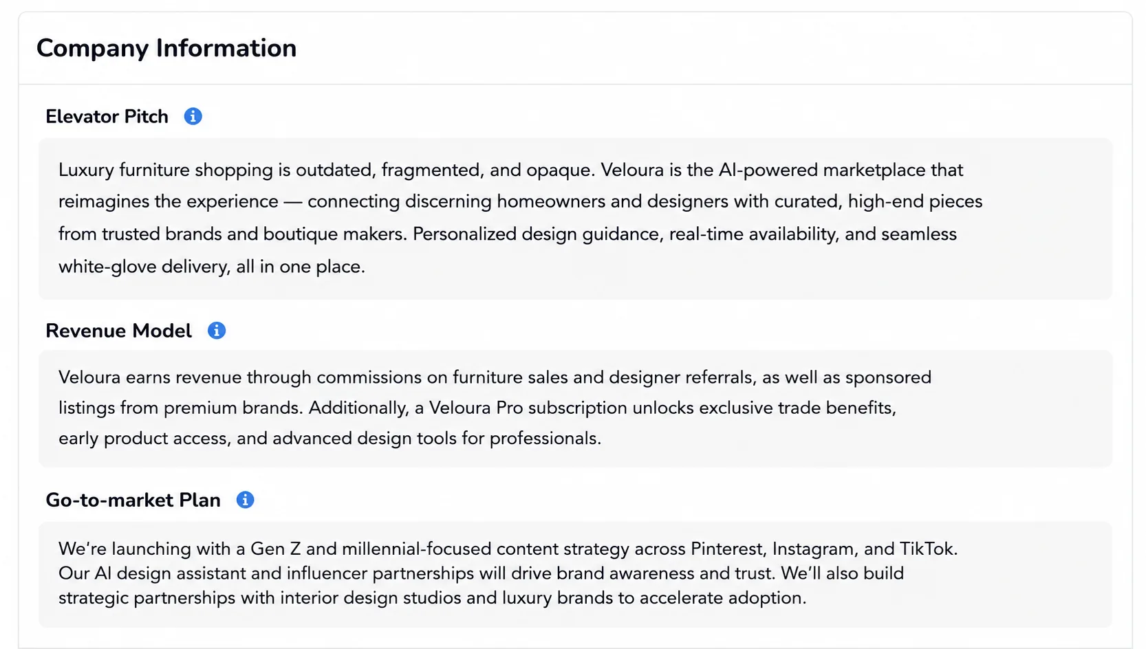 Company information — elevator pitch, revenue model, go-to-market